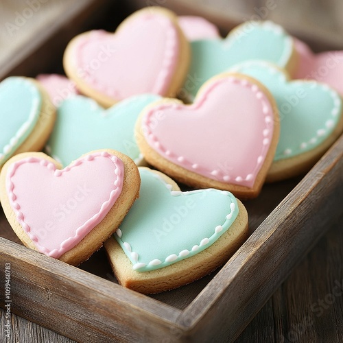 Delicious heart-shaped cookies in pastel colors, perfect for celebrations, parties, and sweet treats.