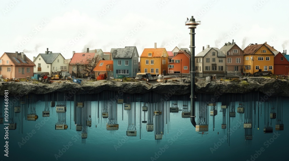 Fototapeta premium Vibrant Coastal Village with Colorful Houses and Reflection in Water, Showcasing Serenity and Charm of Quaint Seaside Community on a Clear Day