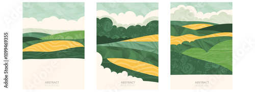Abstract eco-friendly design with green organic pattern featuring a vineyard, rice terrace field, forest. Flat vector illustration, waves and curves. Summer agriculture brochure, poster, card, collage