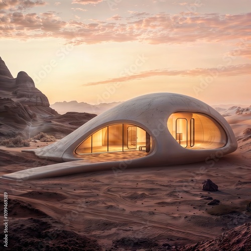 Desert Dome House. Futuristic organic-shaped dwelling with glowing windows nestled in desert dunes at sunset, featuring curved architecture and modern design. photo