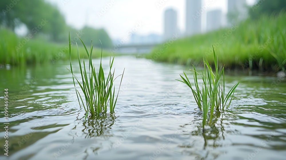 Obraz premium Urban nature revival grass growth in city stream environmental awareness urban landscape serenity