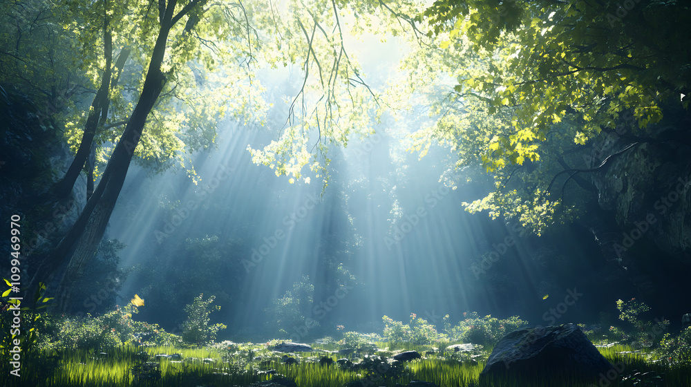 Fototapeta premium Sunbeams in a Mystical Forest.