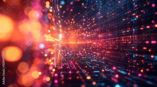 Abstract digital tunnel with glowing lines and particles.