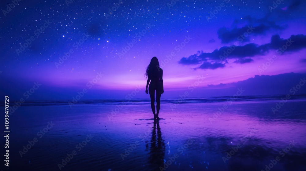 Fototapeta premium A silhouetted woman stands on a large beach at twilight, gazing at the ocean as stars twinkle above and vibrant colors fill the sky, creating a serene atmosphere.