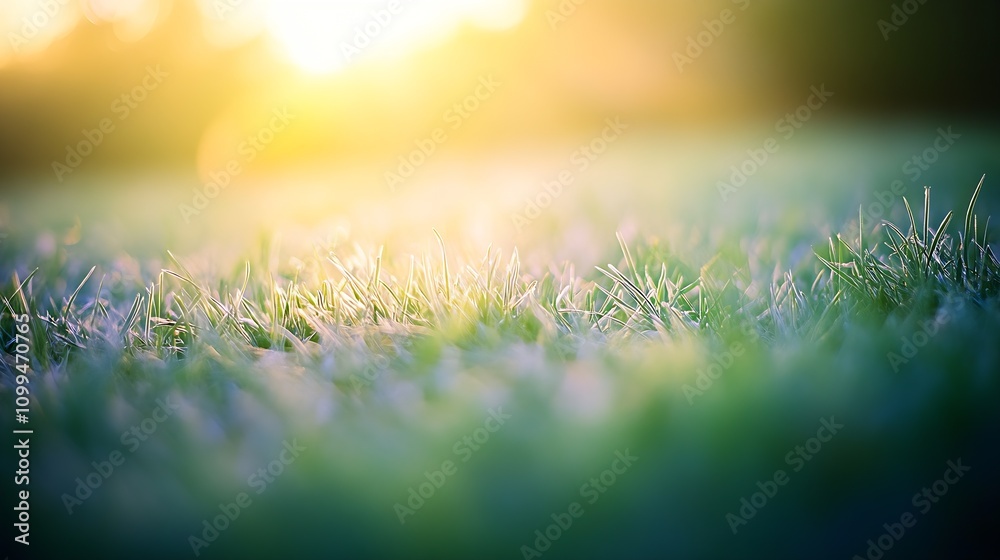 Fototapeta premium Sunlit Dew-Kissed Grass in Tranquil Morning Light Capturing Nature's Beauty : Generative AI