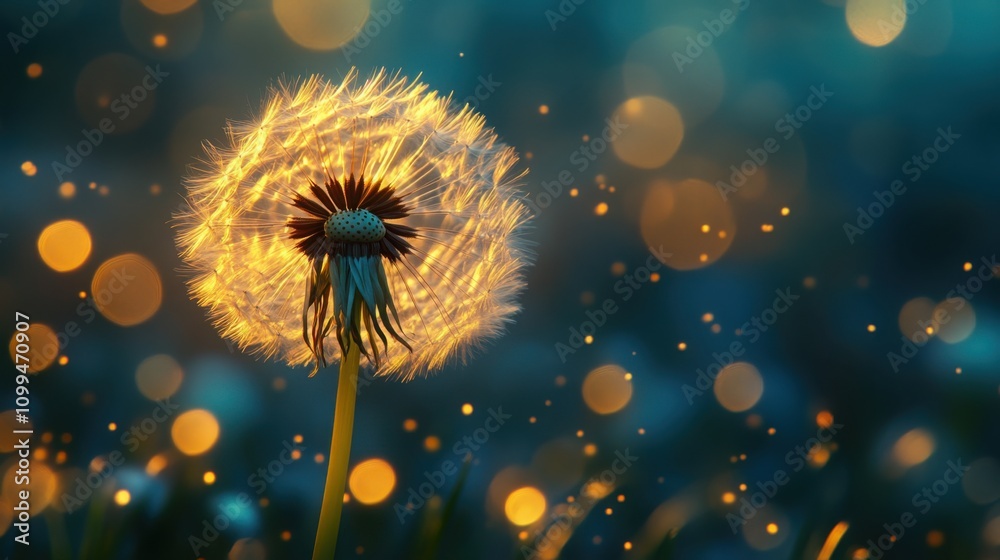 Fototapeta premium Enchanting dandelion illuminated by soft light with intricate details against a dark background