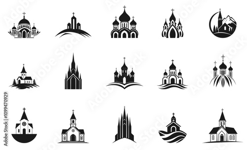 Church icons set. Religion place for praying. Traditional holy building place with cross. Cathedral dome. Front view outdoor exterior. Worship architercture logo. Black and white flat style vector