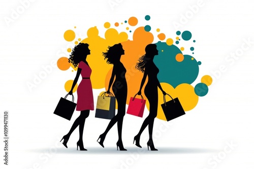 Shopping women walking with bags urban setting illustration colorful background side view fashion and lifestyle concept