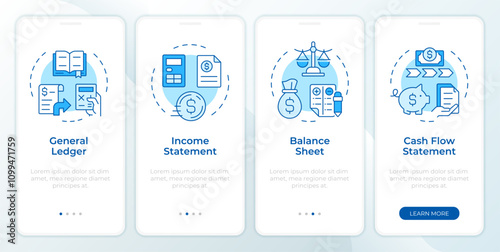 Financial statements management blue onboarding mobile app screen. Walkthrough 4 steps editable graphic instructions with linear concepts. UI, UX, GUI template. Montserrat SemiBold, Regular fonts used