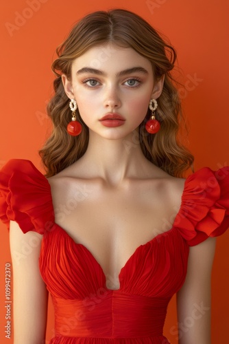 A joyful woman in a festive red dress sparkles with holiday spirit, adorned with bright earrings, radiating warmth and cheer during the Christmas celebration.