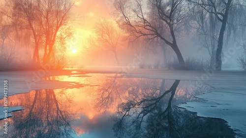 Winterlicher Sonnenaufgang über stiller Landschaft