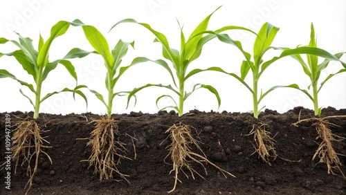Fresh green sprouts of corn growing on the cob with roots in the soil, root system, close-up photography, plant life cycle, corn growth, nature photography photo