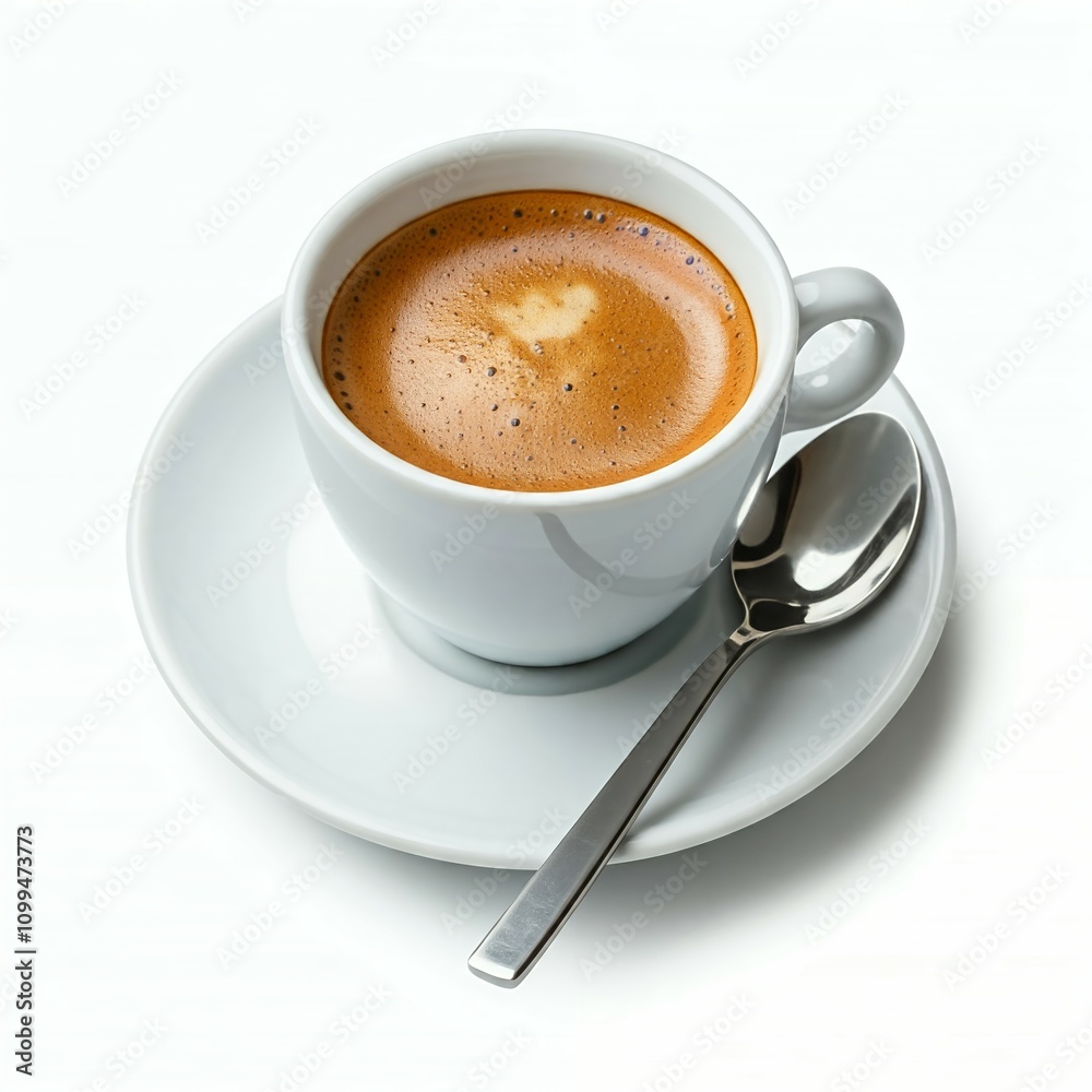 Fototapeta premium A cup of espresso with crema on a saucer with a spoon, isolated on a white background.