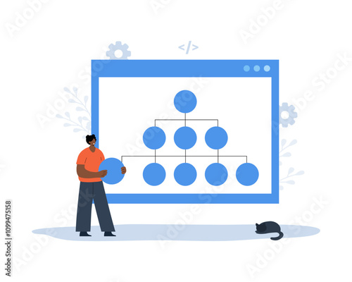 Sitemap Creation concept. Website navigation for the user. African Female Developer creation Strategy. Workflow Process. Flowchart UI UX. Vector illustration in flat cartoon style.
