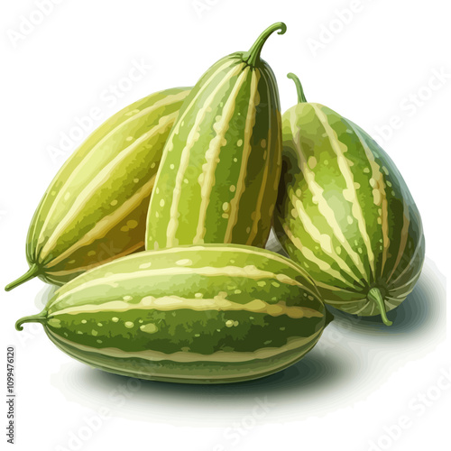 Fresh Ivy Gourds with Striped Green Skin – Tropical Vegetable Illustration on White Background