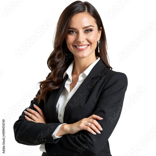 Business woman isolated. A studio portrait of a businesswoman with long brown hair, wearing a black blazer, a white shirt, a necklace, and earrings. She stands with her arms crossed, smiling confident
