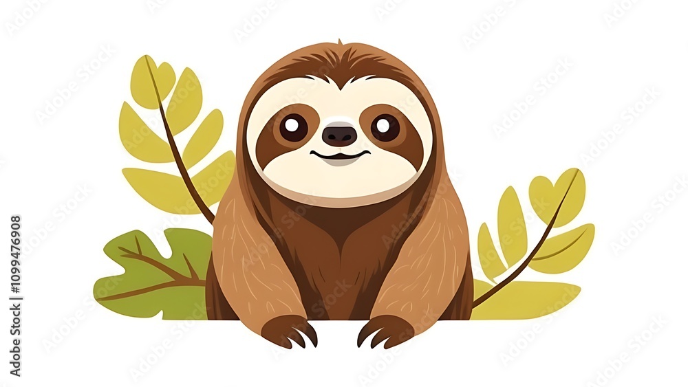 Obraz premium cartoon sloth, flat color illustration, solid white background 