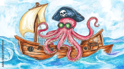 An octopus wearing a pirate hat, steering a pirate ship across the sea, embodying a whimsical and adventurous scene with nautical themes, perfect for a playful pirate adventure. photo