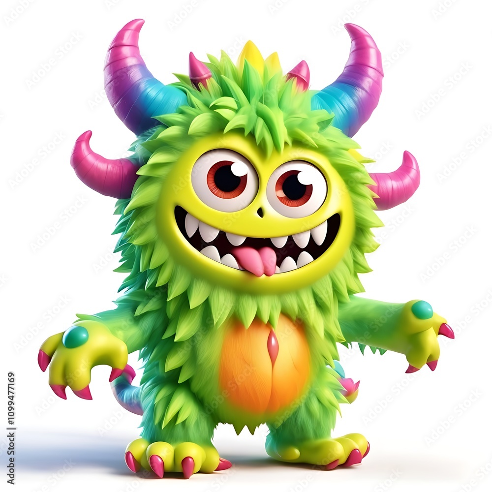Fototapeta premium Isolated 3d cartoon funny monster a white background. stuffed friendly cute monster beats. A parody, a caricature. 3d cartoon colorful character.