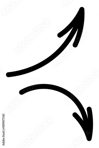 Two arrows. Sketch. Pair of black pointers pointing right, one up, one down. Hand drawn sign. Vector illustration. Outline on isolated white background. Doodle style. Idea for web design.