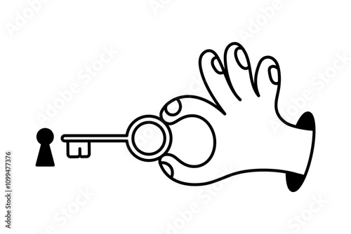 Vector simple linear illustration, hand poster, logo, print design template, hand drawn hand holding key, gesture in minimal modern art style