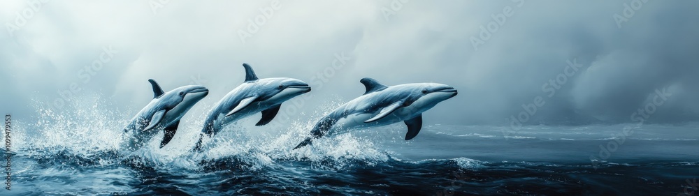 Fototapeta premium Three dolphins leap gracefully through the waves, showcasing their playful nature in a serene ocean setting.