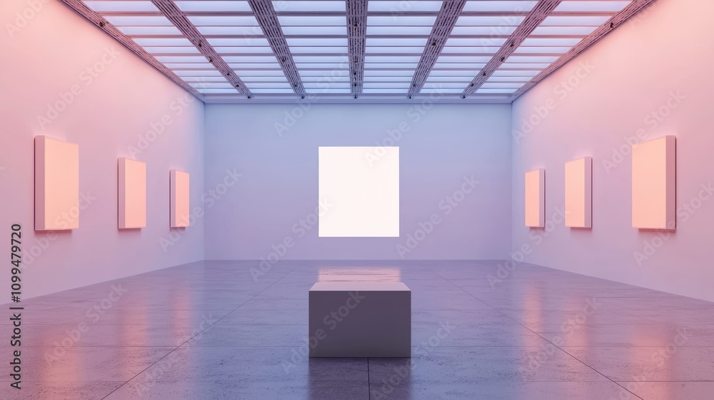 Obraz premium A clean and empty gallery space with glowing floor lights and a central blank exhibition display area