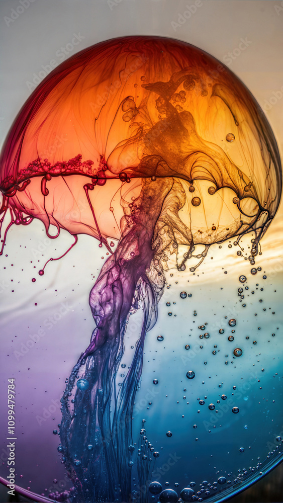 Vibrant Liquid Art Abstract: Mesmerizing Rainbow Colored Ink Drop creating an ethereal abstract composition, Perfect Artistic Mobile Phone Wallpaper and Digital Device Screen Design