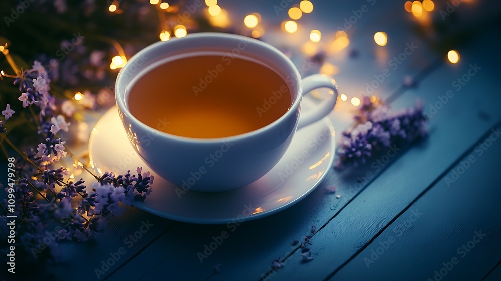 Fototapeta premium Tranquil Herbal Tea with Lavender and Ambient Lighting : Generative AI