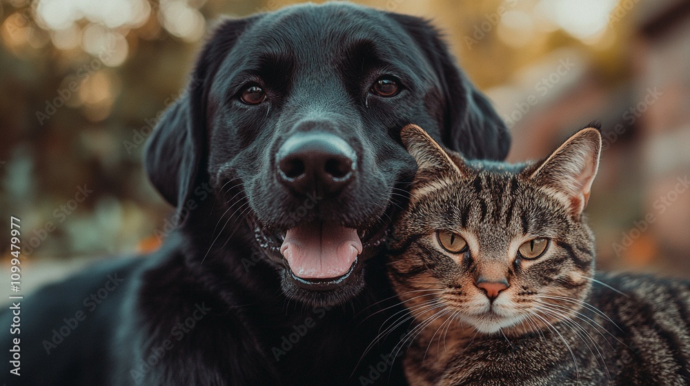 Obraz premium A joyful black dog and a tabby cat hugging and smiling together, symbolizing friendship and companionship