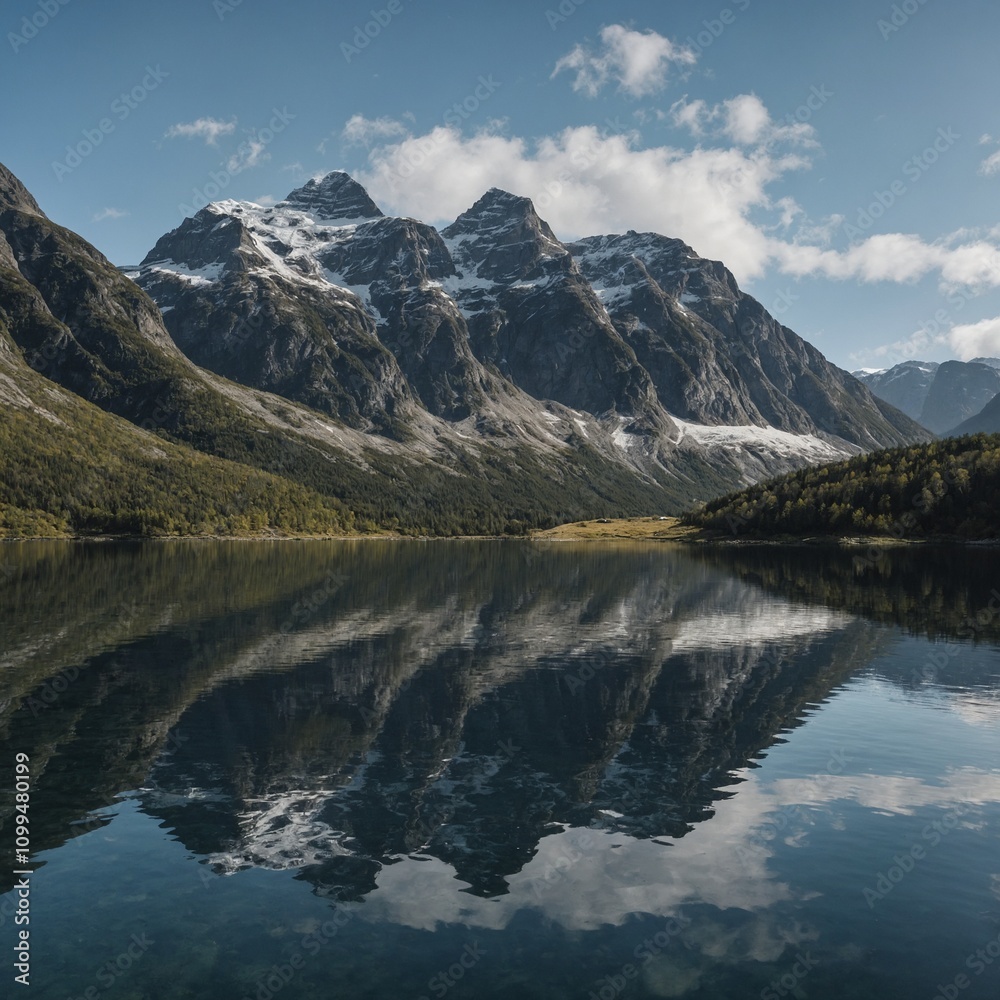 Obraz premium A mountain range mirrored in a tranquil fjord.