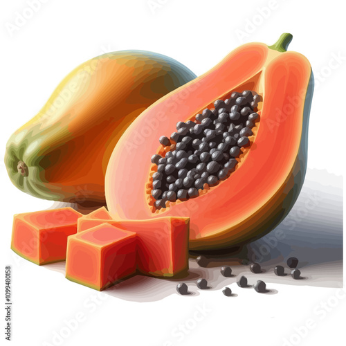 Ripe Papaya with Halved Fruit, Cubes, and Scattered Seeds – Tropical Orange Superfruit Illustration