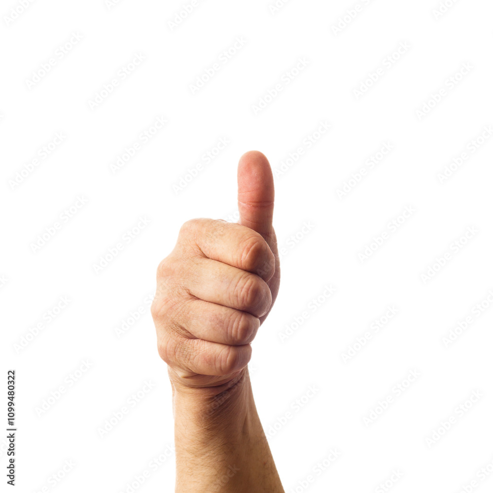 Adult male hand showing thumbs up gesture isolated on white