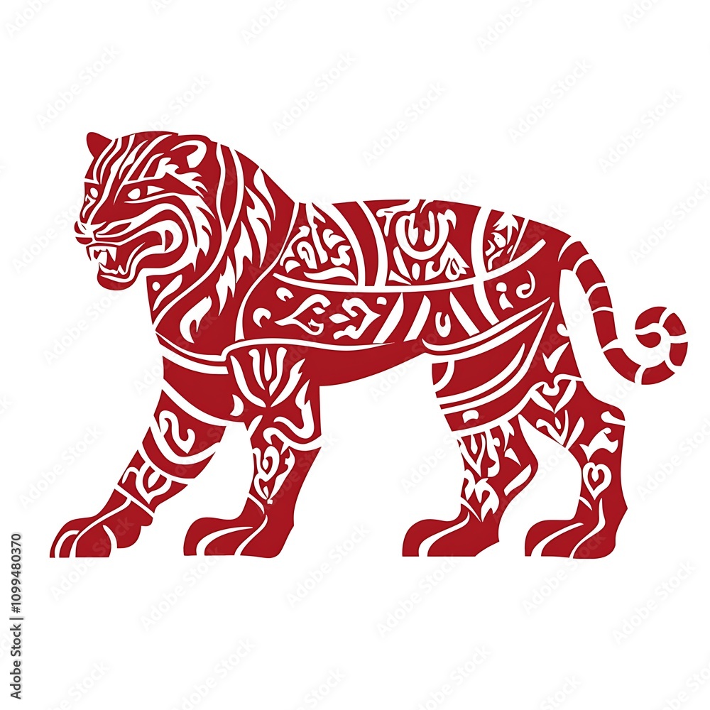 Obraz premium Ornate Red Tiger Silhouette with Intricate Pattern Design.