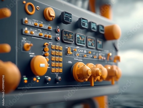 Intricate control room of an offshore oil rig featuring a complex panel of switches dials photo