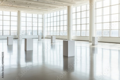 An expansive modern hall featuring empty white display pedestals and minimalist lighting fixtures