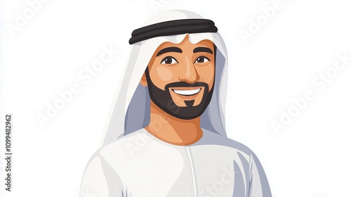 Emiraty happy man, against a white background. The design is simple, with flat colors and a minimalistic style