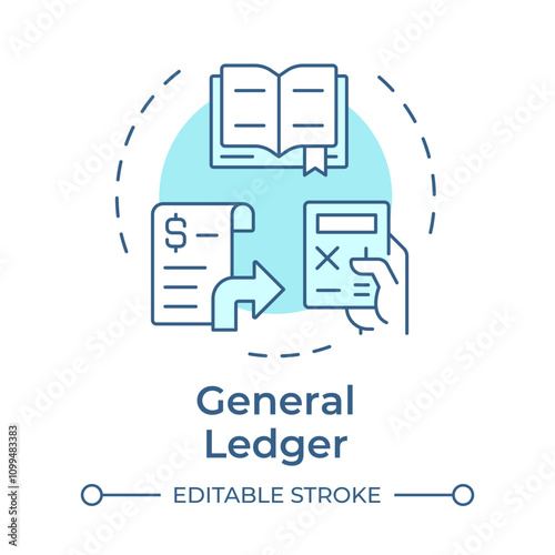 General ledger soft blue concept icon. Banking statement, calculation. Business, accounting. Round shape line illustration. Abstract idea. Graphic design. Easy to use in infographic, presentation