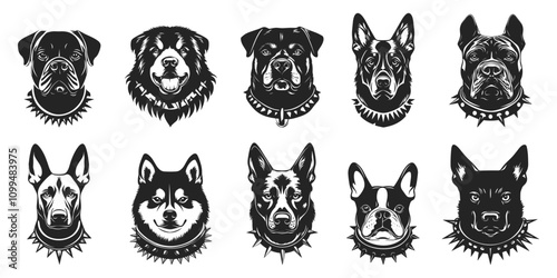 Guard dog black icon portrait with spiked collar set. Front view. Purebred pet canine animal. Print dog training property protection symbol security design element. Front view. Isolated vector clipart