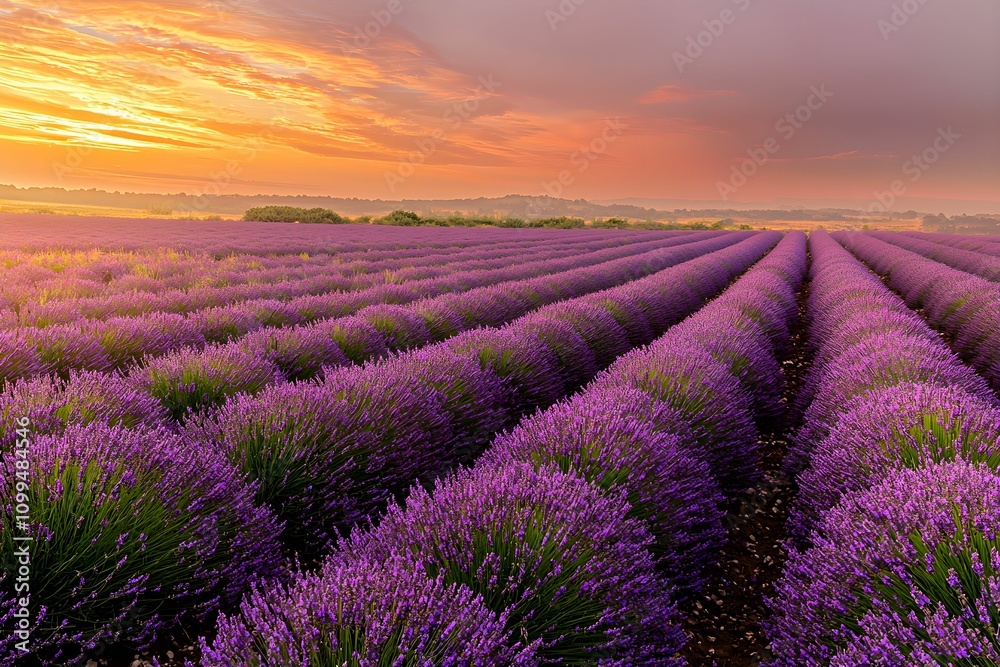 Obraz premium Lavender field at sunset with vibrant colors and lush blossoms
