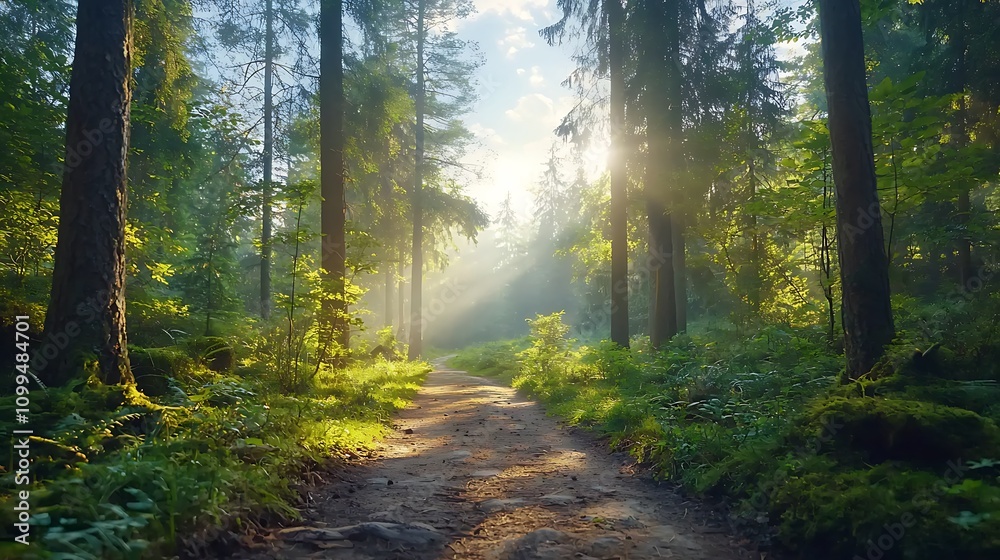 Obraz premium Exploring a sunlit forest path nature trails scenic landscape photography peaceful environment tranquil viewpoint outdoor adventure