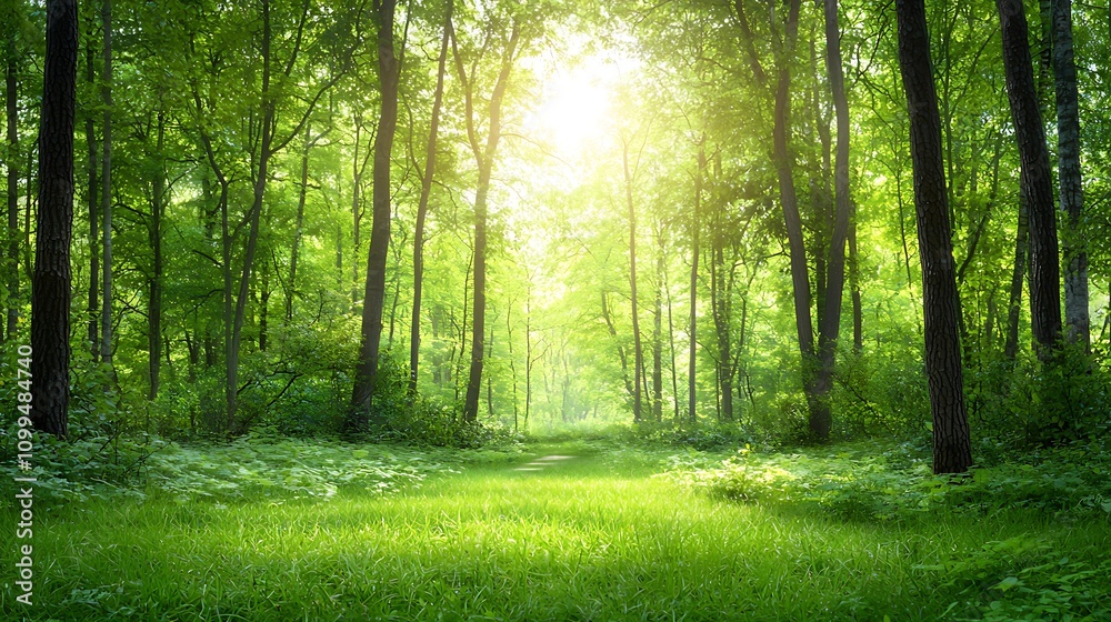 Obraz premium Sunlit forest path nature preserve landscape photography serenity close-up tranquility