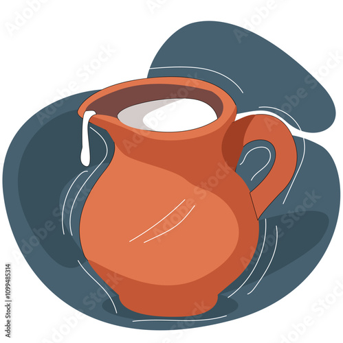 Ceramic jug with milk.Milk jug. Fresh milk dairy product in jar, porcelain pitcher full milk flat vector illustration.