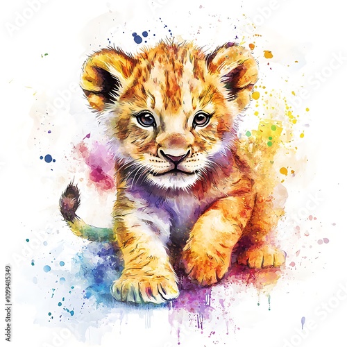 Adorable Lion Cub in Vibrant Watercolor Style A Colorful Artistic Portrait. photo