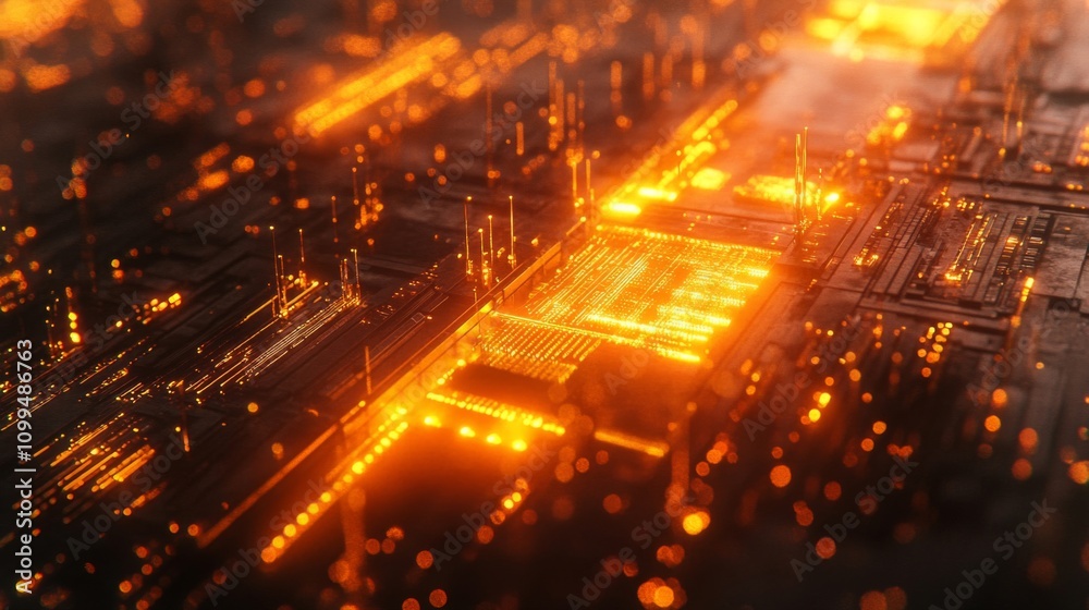 Fototapeta premium Glowing Orange Circuit Board Abstract Technology Design