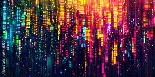 Wallpaper Mural Vibrant Digital Rain: Abstract artwork depicting a cascading flow of colorful digital data streams, evoking feelings of energy, innovation, and technological advancement.   Torontodigital.ca