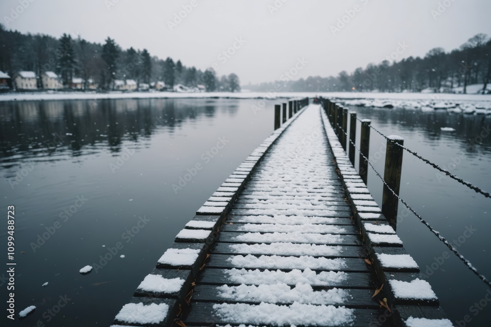 Fototapeta premium Snow on jetty by river