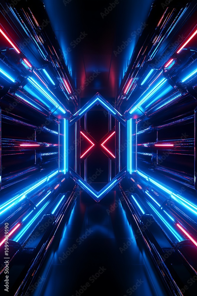Fototapeta premium Futuristic Abstract Tunnel with Neon Lights in Blue and Red Colors Creating a Dynamic and Hypnotic Visual Experience Perfect for Digital Art and Technology Themes