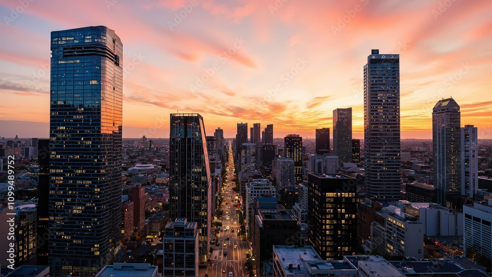 Obraz premium Generative AI, Modern Metropolis at Sunset with Reflective Skyscrapers