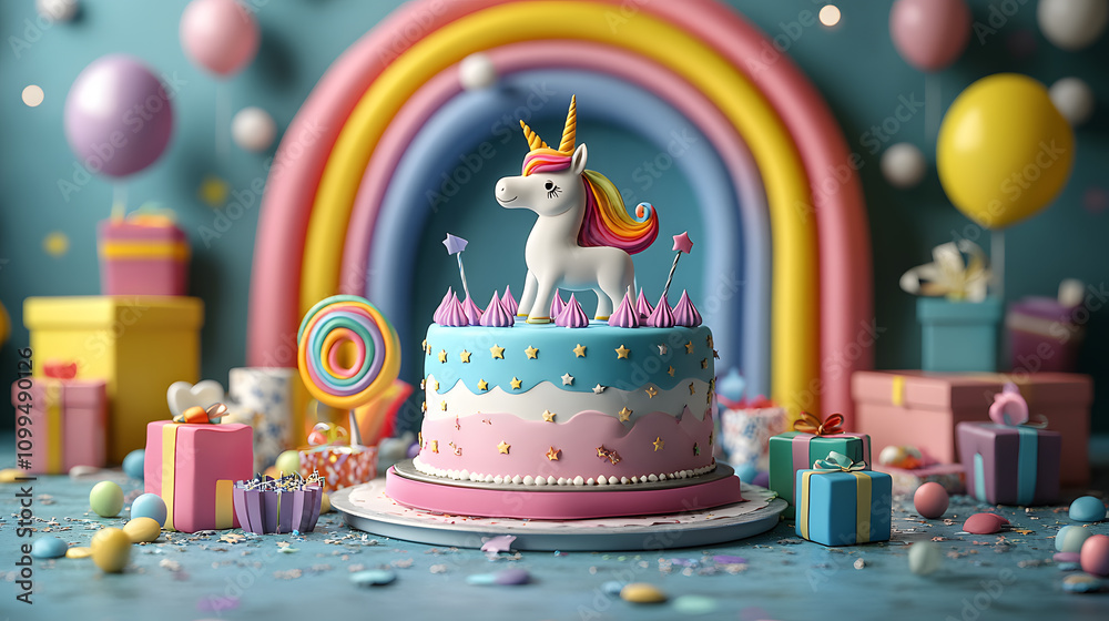 A playful cartoon-style illustration of a magical birthday party featuring unicorns, rainbows, and sparkling decorations, with a glittery cake centerpiece surrounded by gifts and candy.